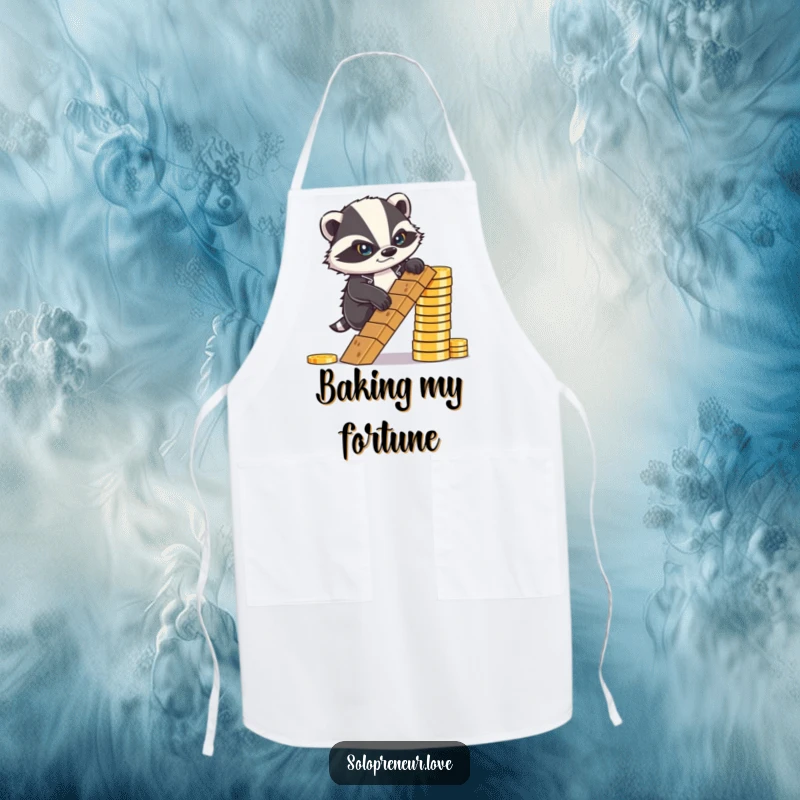 Funny Apron: A determined badger climbing a ladder of coins, symbolizing the hard work and rewards of cooking.