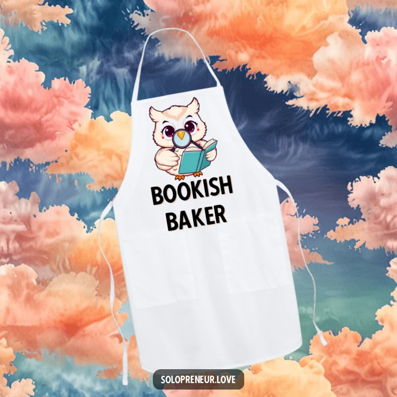 Funny happy owl apron depicting a character reading a book with a magnifying glass, ideal for cooking with wisdom.