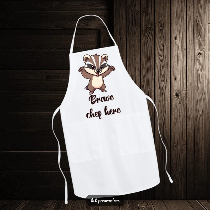 Funny badger apron depicting a courageous character striking a confident pose, ideal for cooking with boldness and humor.