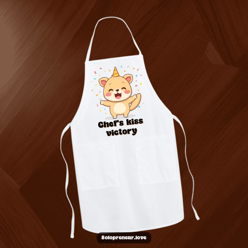 Funny apron with a happy animal releasing confetti, ideal for chefs who love to celebrate their kitchen victories with flair.