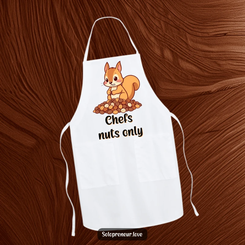 Funny apron depicting a determined squirrel character meticulously collecting and organizing nuts, ideal for the organized and humorous cook.