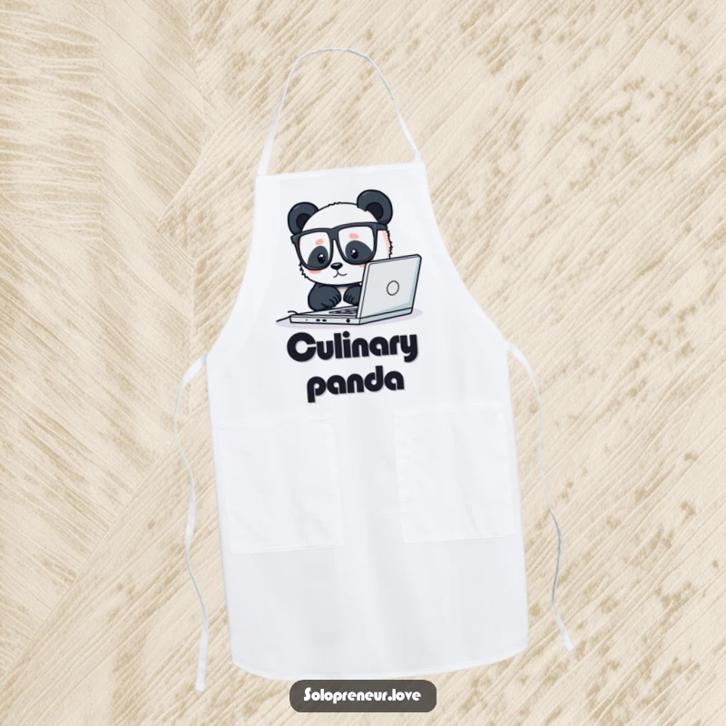 Funny apron showcasing a tiny panda with glasses working diligently on a laptop, adding a humorous and focused touch to kitchen activities.