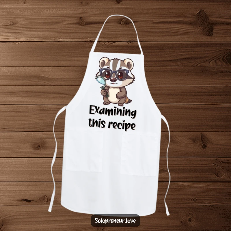 Funny badger chef apron, showcasing a badger in detective gear ready to cook, a humorous and functional funny gift.
