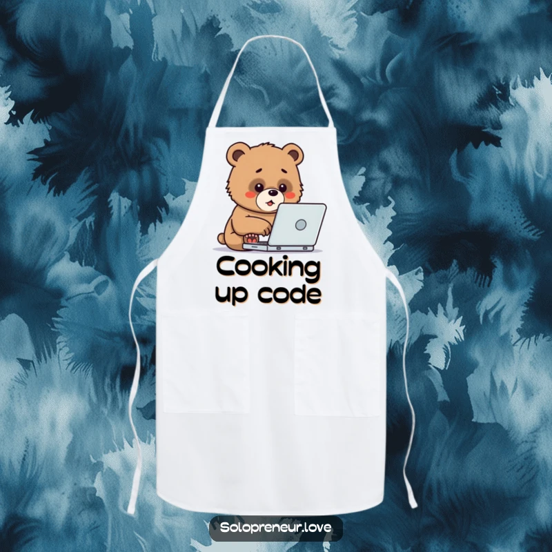 Funny Apron featuring a determined bear cub enthusiastically typing on a laptop, making tasks more enjoyable and humorous.