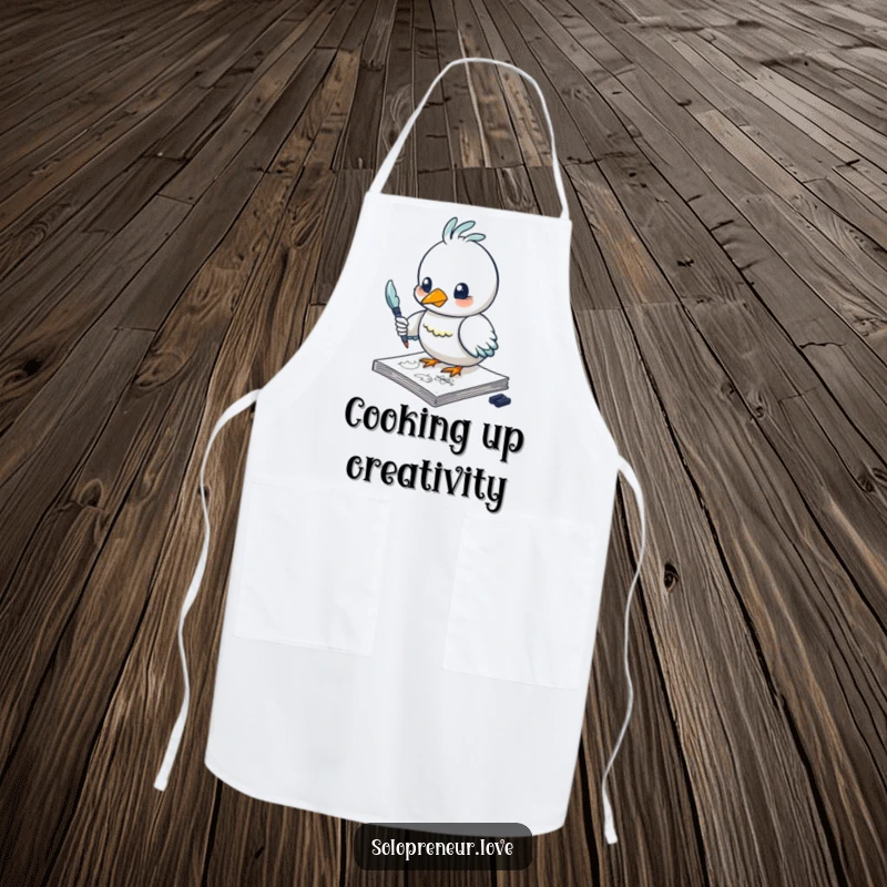Funny bird apron featuring a creative character sketching with a feather pen, ideal for adding humor to cooking and crafting.