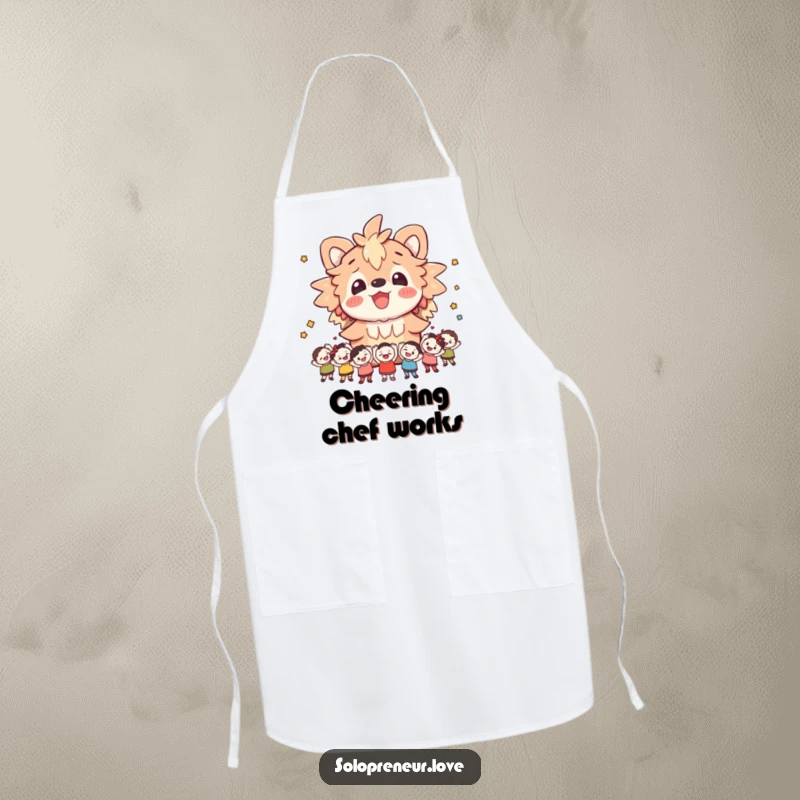 Funny apron showcasing a cheerful creature surrounded by small figures cheering, perfect for keeping clothes clean with a festive flair.