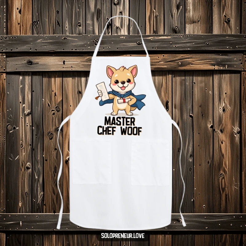 Funny apron showcasing a confident dog with a diploma, ready to cook up a storm with heroic flair.