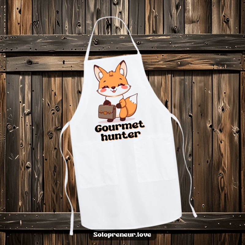 Funny apron showcasing a cheerful fox holding a tiny briefcase and smiling broadly, adding a humorous and professional touch to kitchen activities.