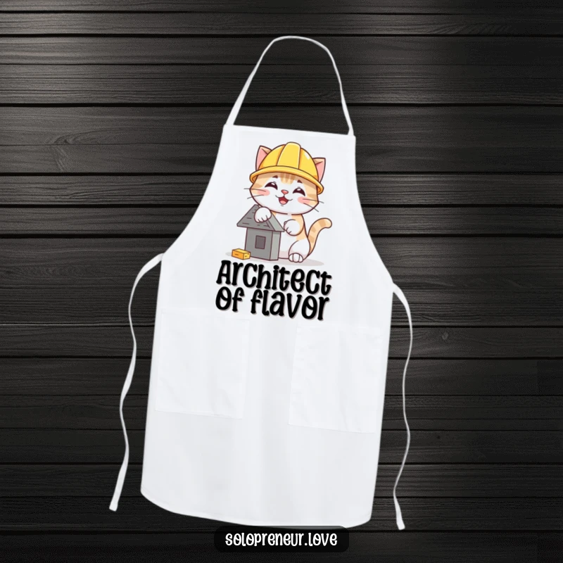 Funny hard hat cat apron showing a happy cat wearing a helmet, engaged in building a tiny, proud structure.