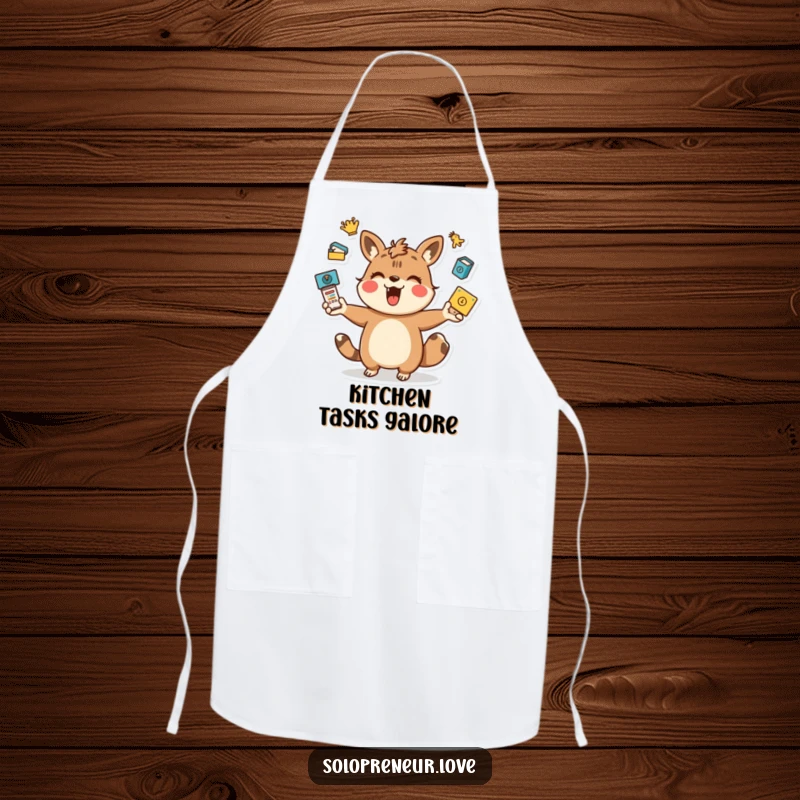 Funny juggling animal apron showing a playful character energetically juggling task icons, ideal for efficient and humorous cooking.