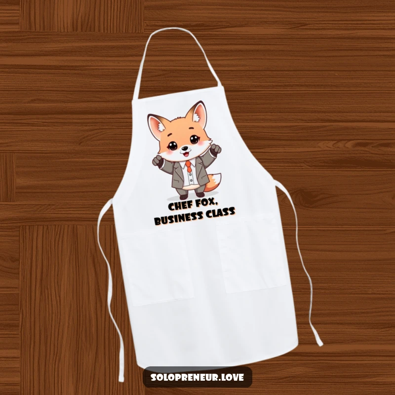 Funny Kawaii Fox wearing a business suit and apron, ready to cook and celebrate culinary success.