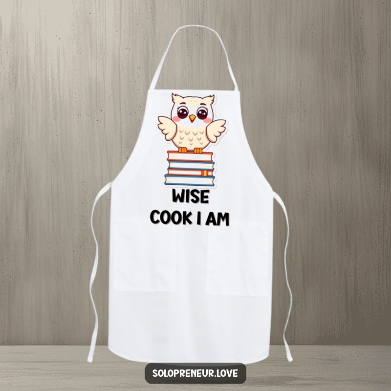 Funny apron depicting a happy owl character perched on books, perfect for the wise and humorous home chef.