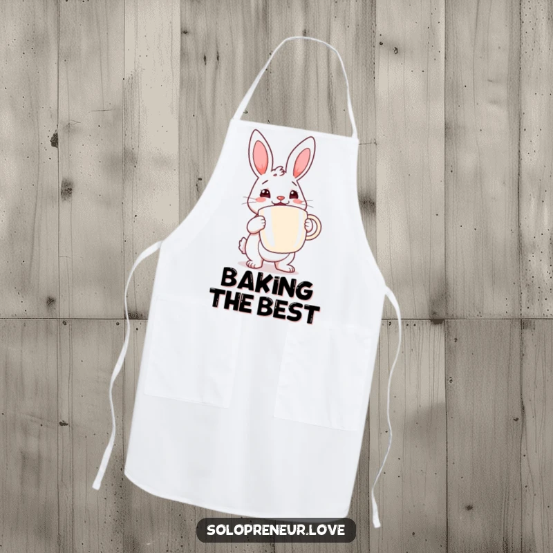 Funny rabbit coffee apron showing a determined rabbit cheerfully holding a large coffee cup, perfect for kitchen duty.
