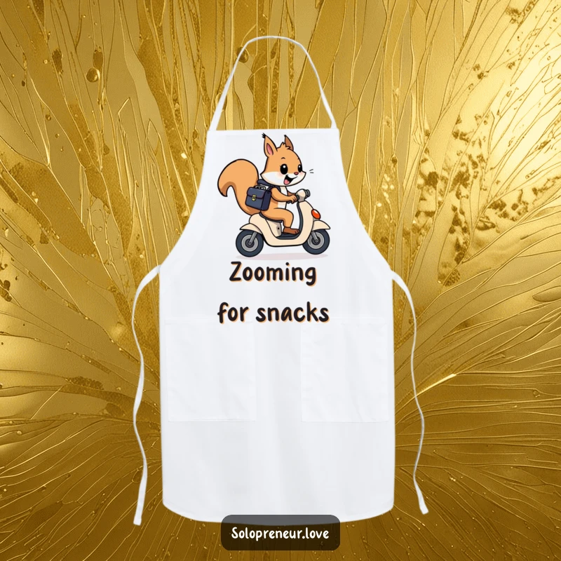 Funny squirrel character in an apron, zipping on a scooter with kitchen tools, a humorous apron design.