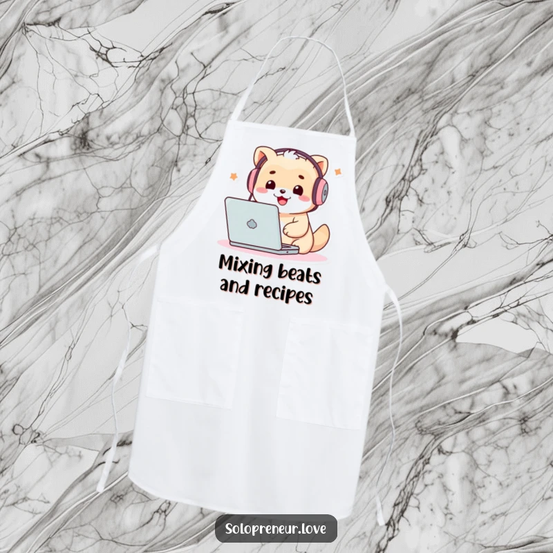 Funny Techie Creature Apron: A cute character with headphones, intently typing on a laptop while preparing to cook.