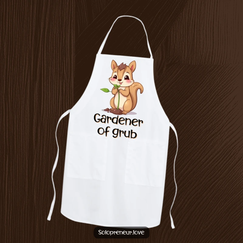 Funny squirrel planting apron featuring a proud squirrel carefully planting a tiny sprout, ready for garden tasks.