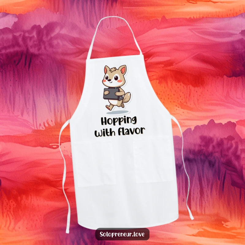 Funny Hopping Executive Apron: A character with a briefcase, confidently hopping while preparing to cook.