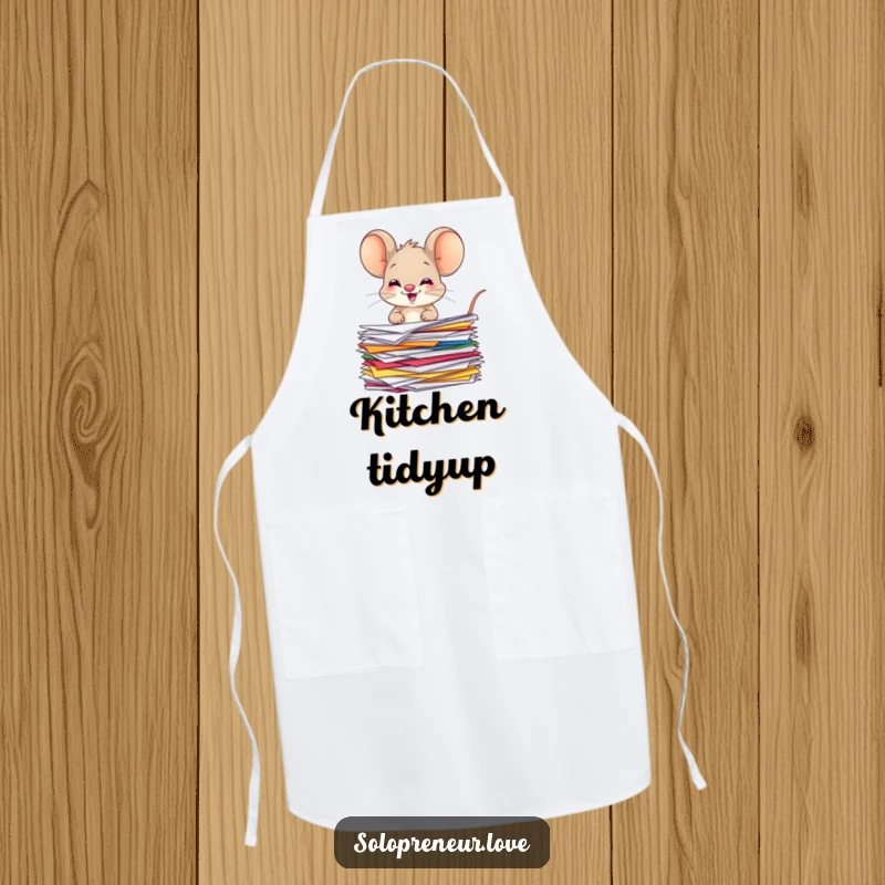 Funny giggling mouse apron depicting a character organizing colorful papers, ideal for kitchen fun with a tidy theme.