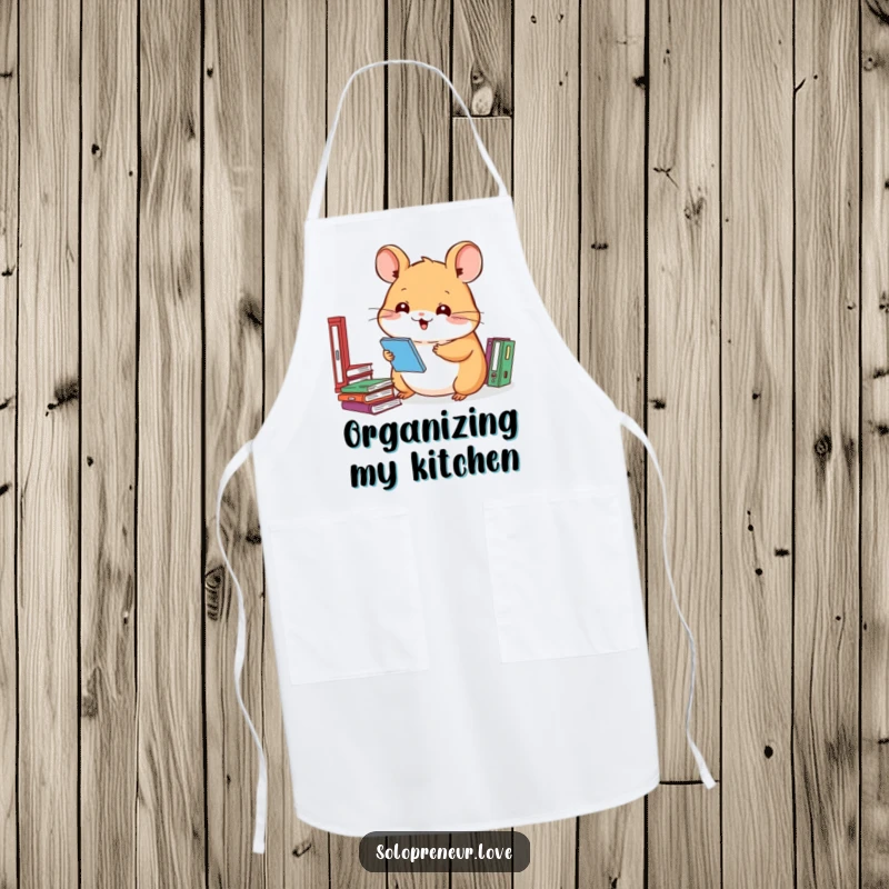 Funny hamster apron featuring a smiling character organizing files, ideal for chefs and kitchen enthusiasts.