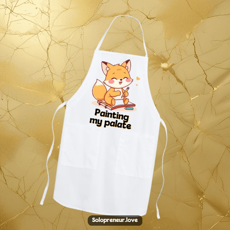 Funny fox artist apron showing a small fox gleefully sketching on a notepad, perfect for protecting clothes during creative activities.