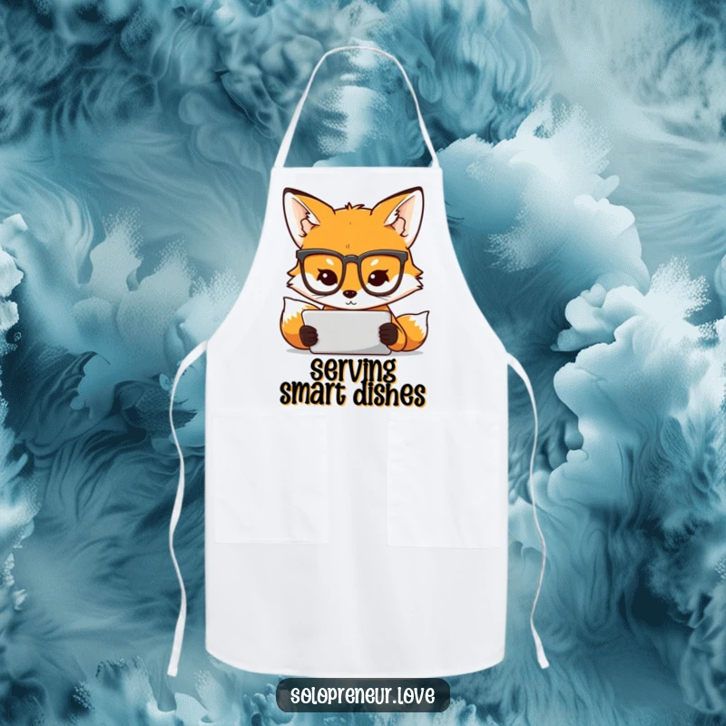Funny apron showing a fox in glasses using a tablet, blending culinary arts with modern technology humorously.