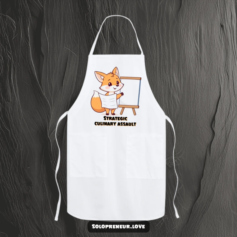 Funny fox with a plan and a chef's hat, pointing at a whiteboard, a humorous apron design.