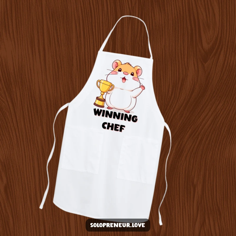 Funny beaming hamster apron depicting a character proudly displaying a trophy, ideal for cooking with a winning attitude.