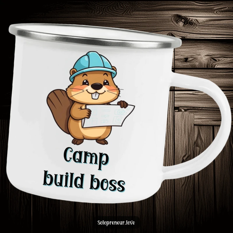 Funny camping mug featuring a cheerful beaver character wearing a hard hat and holding a blueprint, perfect for outdoor projects.