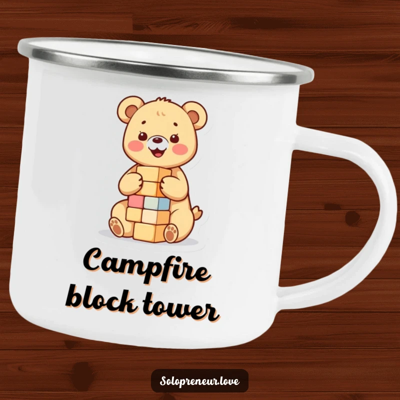 Funny camping mug featuring a happy bear cub building a small tower of blocks, perfect for outdoor enthusiasts who love cute and playful designs.