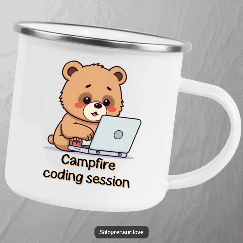 Funny Camping Mug featuring a determined bear cub typing on a laptop, ideal for outdoor enthusiasts who appreciate humor and productivity.