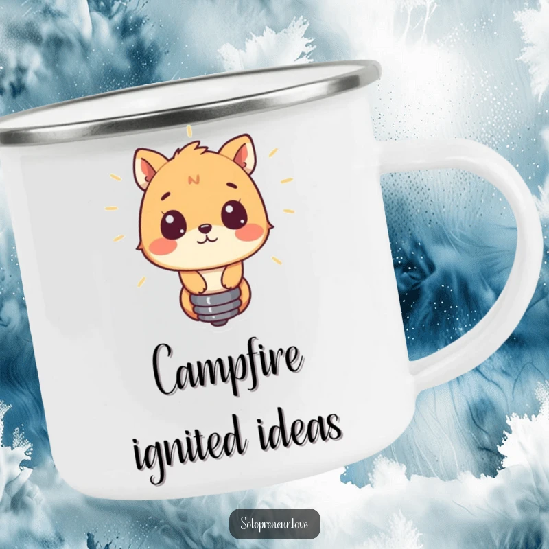 Funny camping mug showing a curious animal gazing at a glowing lightbulb, ideal for outdoor inspiration and warm drinks.
