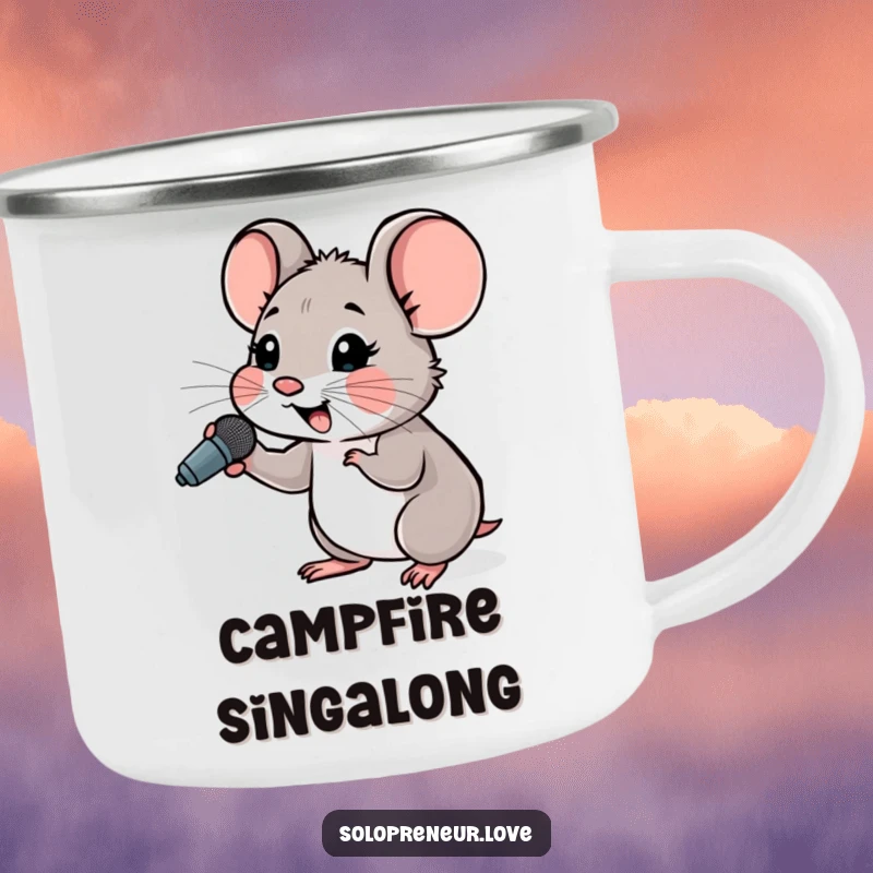 Funny Hopeful Mouse Microphone Camping Mug with a small mouse character cheering with a tiny microphone, for outdoor use.