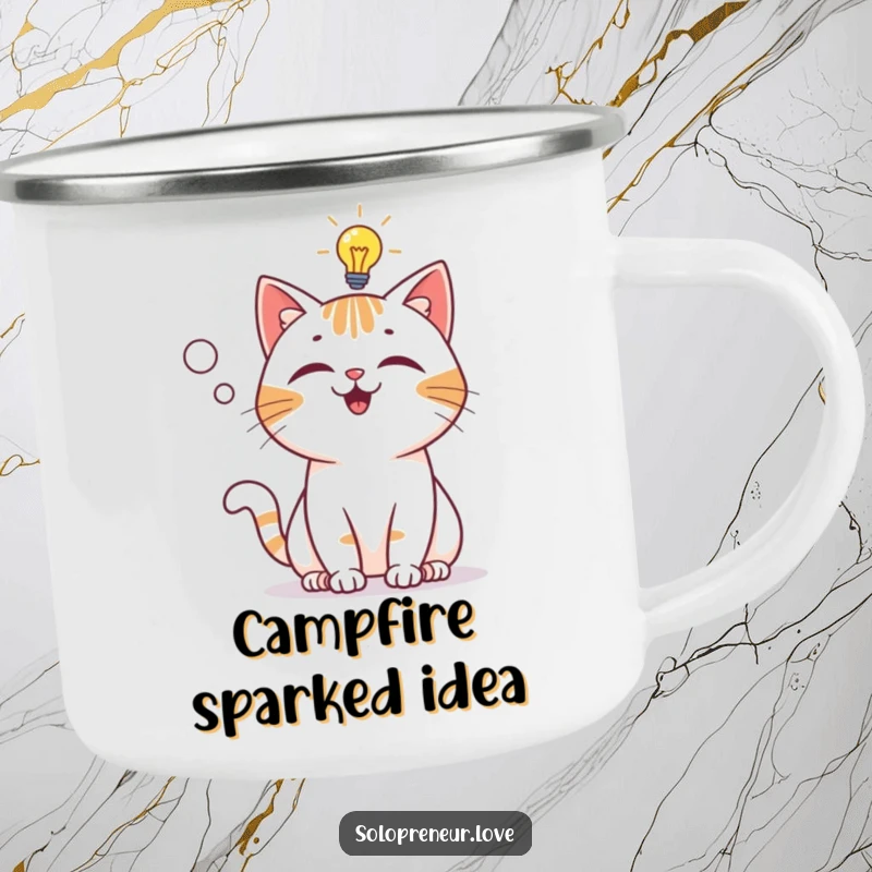Funny Camping Mug: A playful cat character with a lit lightbulb above its head, symbolizing a bright idea in the outdoors.