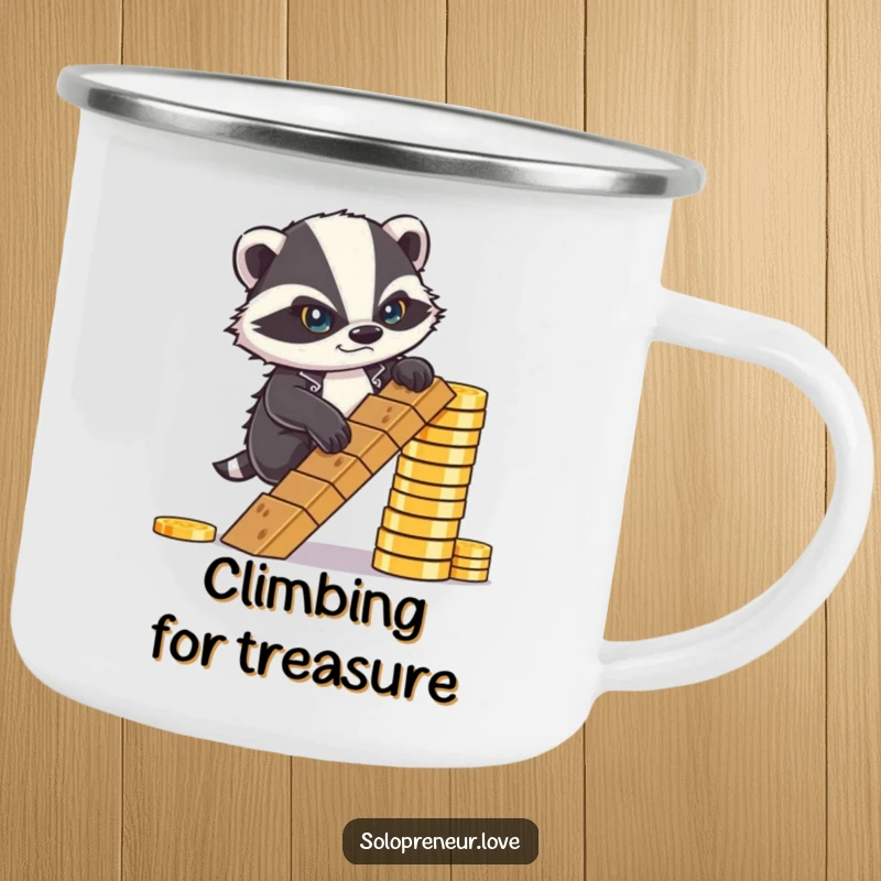 Funny Camping Mug: A determined badger climbing a ladder of coins, symbolizing perseverance in the great outdoors.
