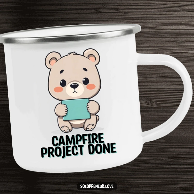 Funny camping mug featuring a proud bear cub presenting a finished project, perfect for celebrating achievements during adventures.