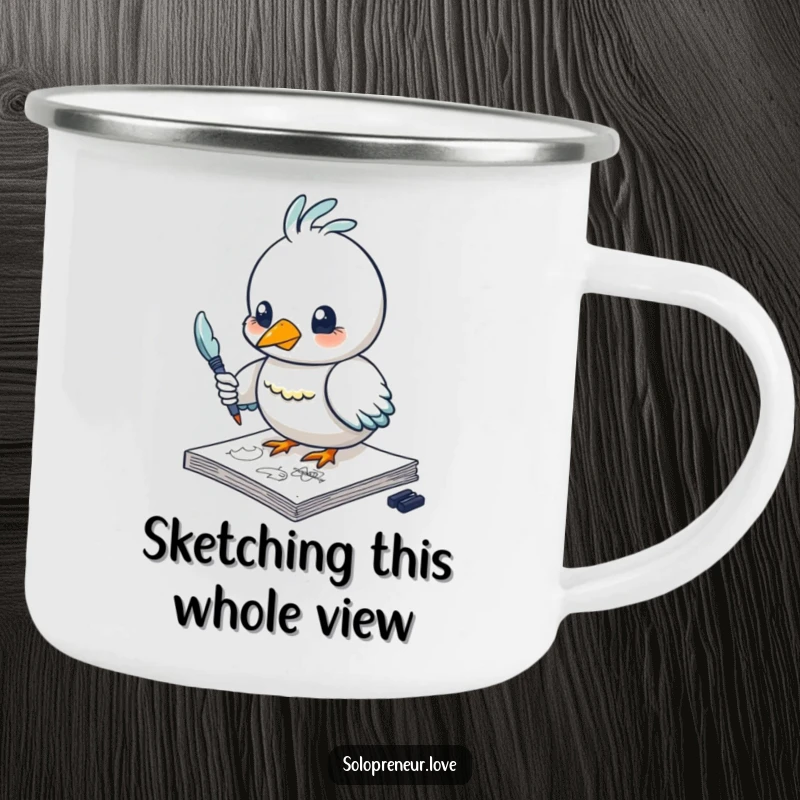 Funny bird camping mug with a creative character sketching using a feather pen, designed for durability and artistic humor.