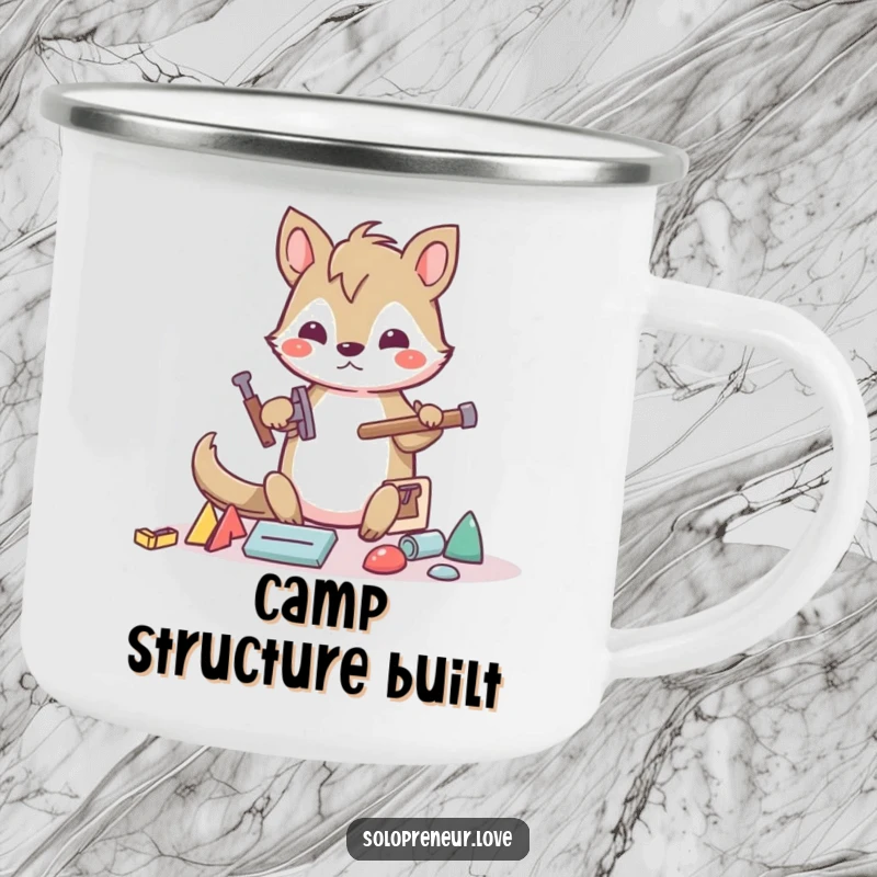 Funny builder animal camping mug with a determined character building with abstract shapes and tools, ready for outdoor projects and humor.