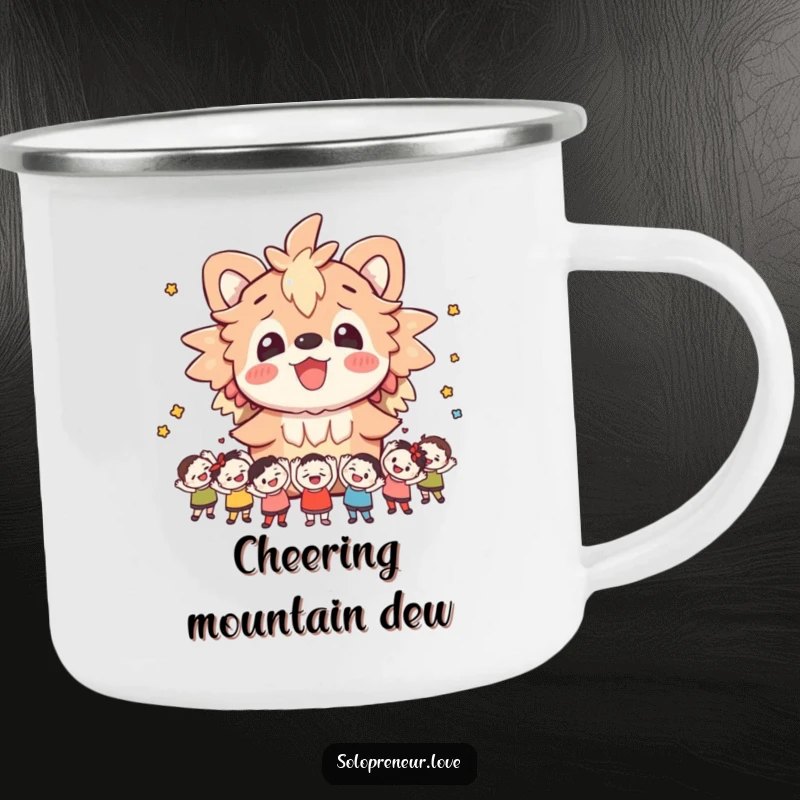 Funny camping mug featuring a cheerful creature surrounded by small figures cheering, perfect for enjoying drinks while feeling supported.