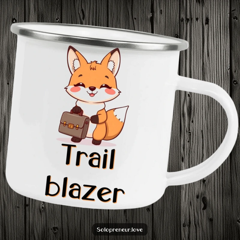 Funny camping mug depicting a cheerful fox holding a tiny briefcase and smiling broadly, perfect for enjoying beverages with business humor.