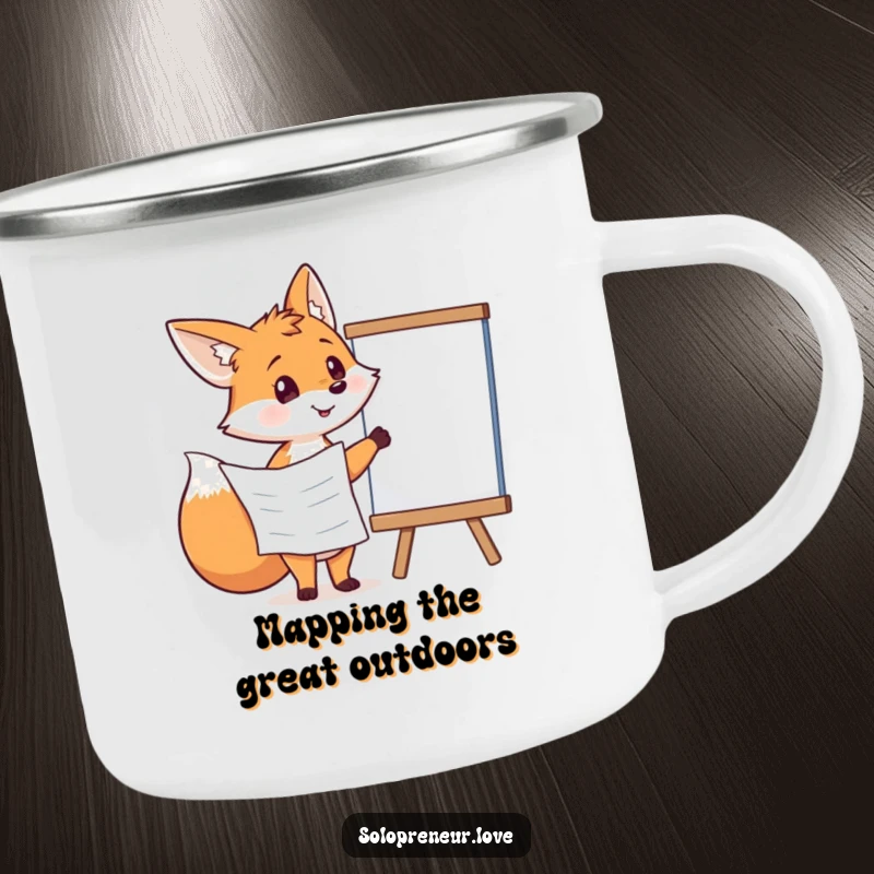 Funny fox with a plan pointing at a whiteboard, depicted on a rugged camping mug.