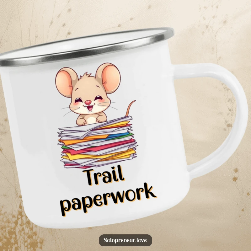 Funny giggling mouse camping mug featuring a character organizing colorful papers, durable for outdoor use and cheerful.