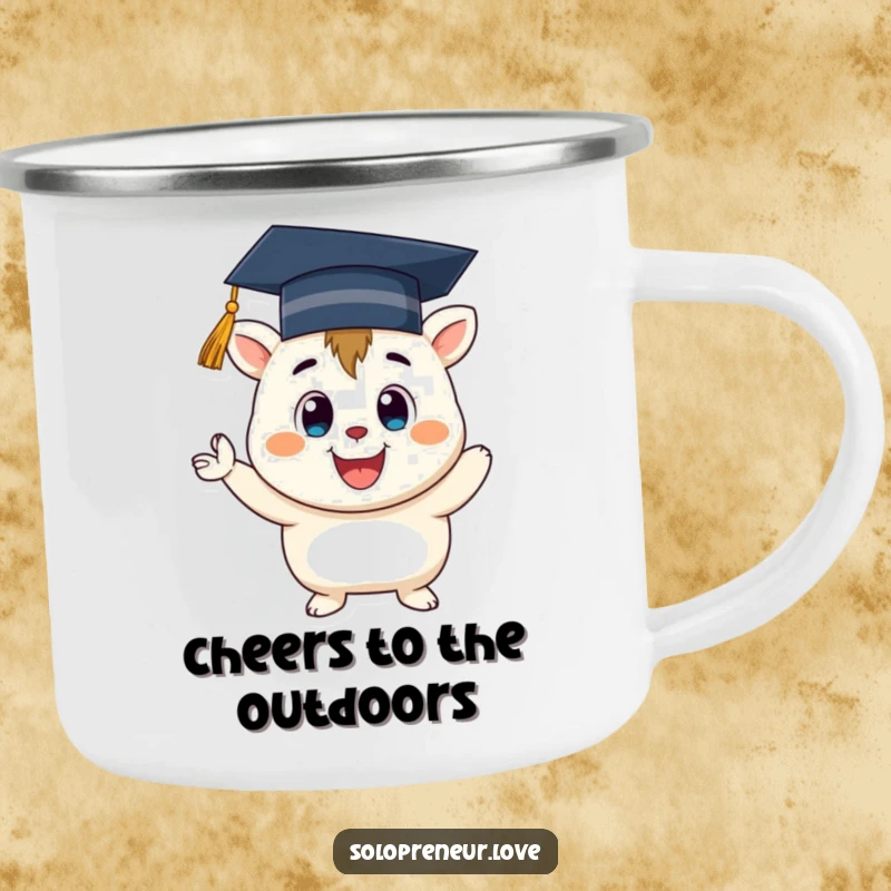 Funny Graduation Creature Camping Mug: Durable mug featuring a creature with a graduation cap, cheering in an outdoor setting.