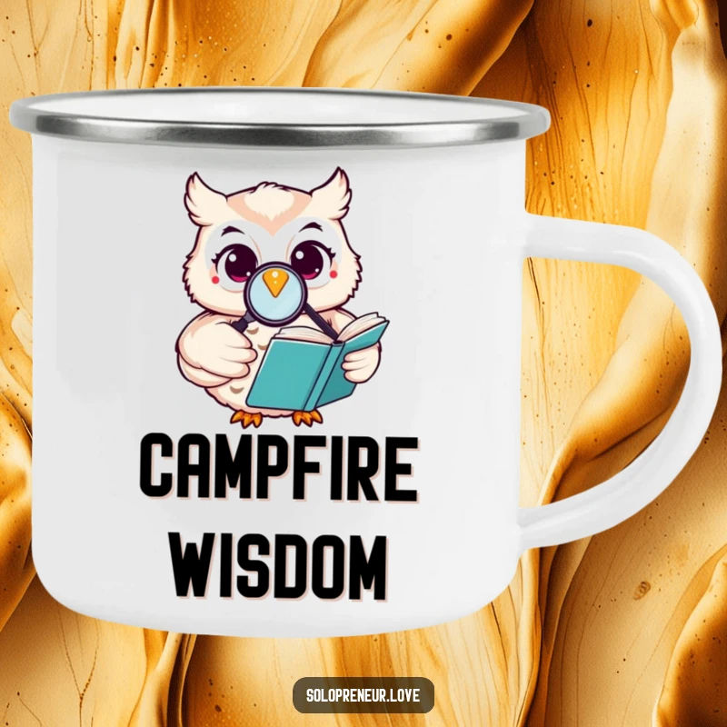 Funny happy owl camping mug featuring a character reading a book with a magnifying glass, durable for outdoor use.