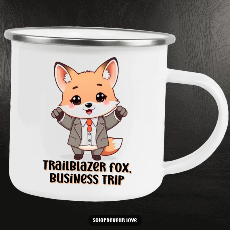 Funny Kawaii Fox in a business suit, mug in hand, celebrating success during an outdoor adventure.
