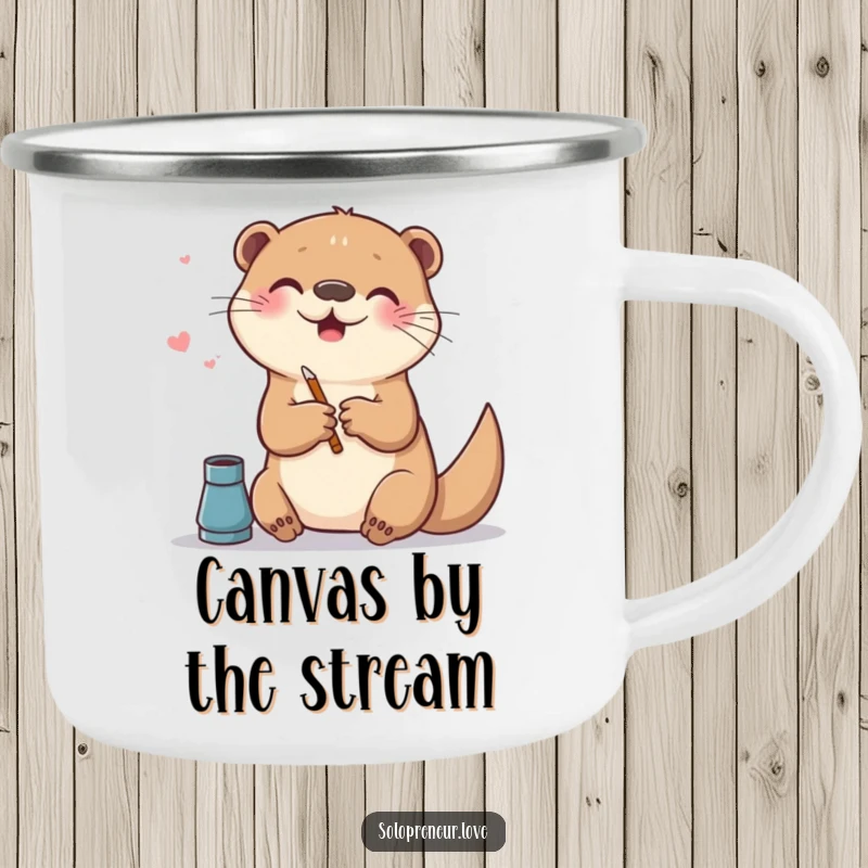 Funny camping mug featuring a playful otter creating digital art on a canvas, perfect for outdoor creativity and cozy drinks.