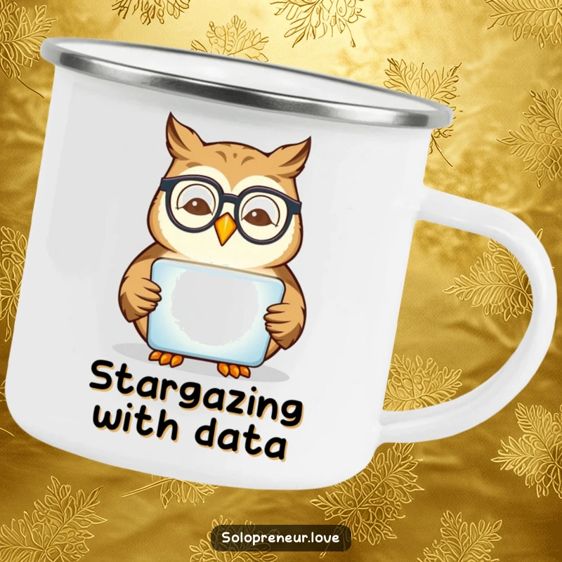Funny owl with glasses reading a tablet, depicted on a rugged camping mug.