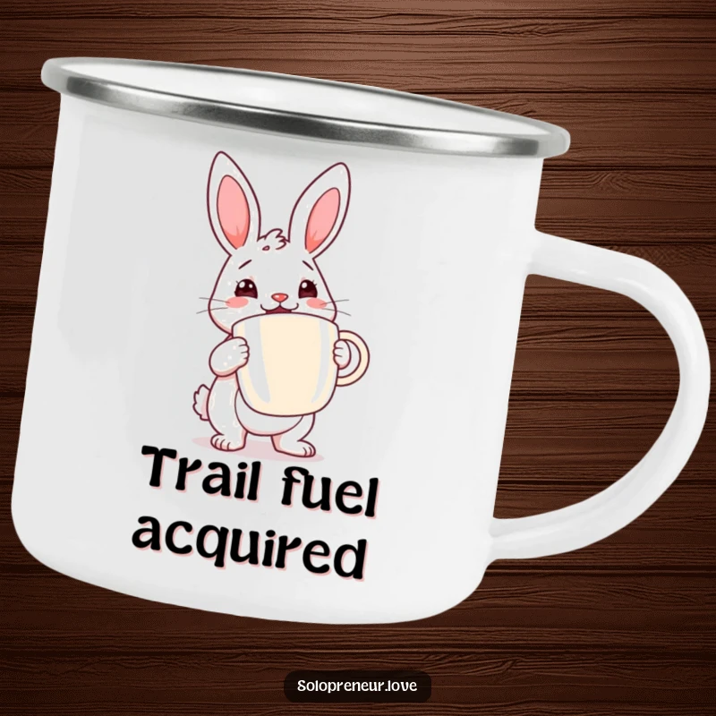 Funny rabbit coffee camping mug with a determined rabbit cheerfully holding a large coffee cup, perfect for outdoor energy.