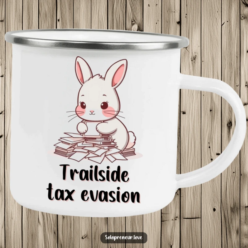 Funny camping mug featuring a determined rabbit organizing papers, designed for outdoor adventures with a humorous and relatable office theme.