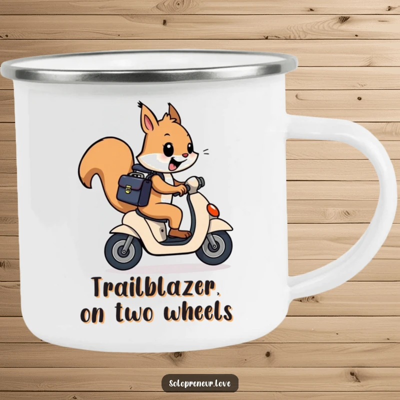 Funny squirrel character with a briefcase, zooming on a scooter, depicted on a rugged camping mug.