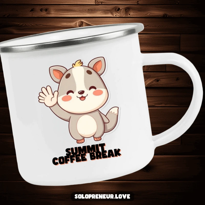 Funny camping mug with a successful animal character waving, perfect for outdoor celebrations and humor.